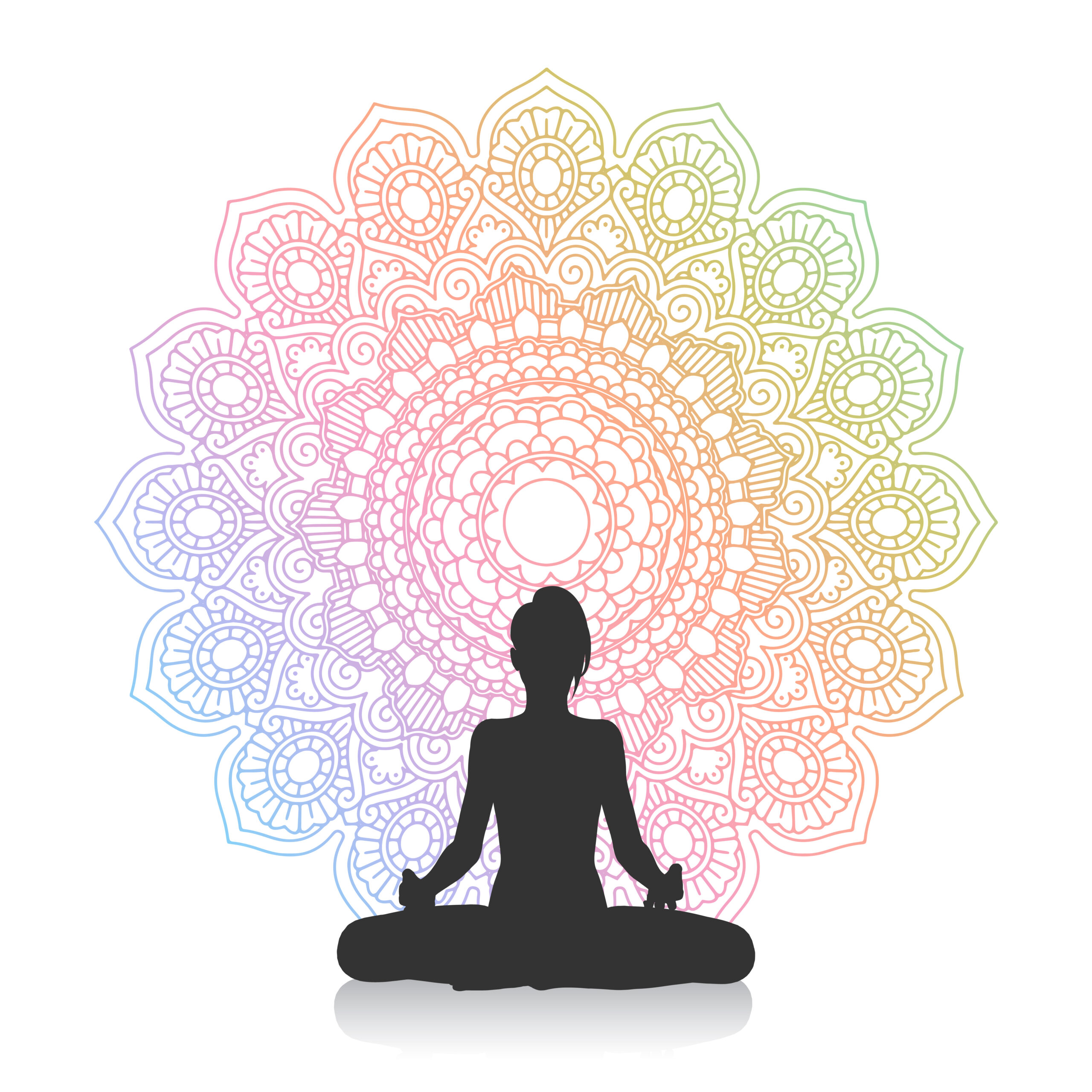 Silhouette of a female in yoga pose against mandala design